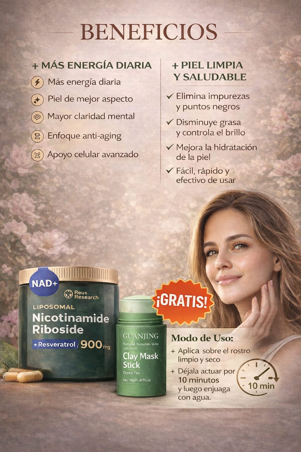 NAD+Nicotinamide Riboside+ Resveratrol Incluye Mascarilla de Té verde