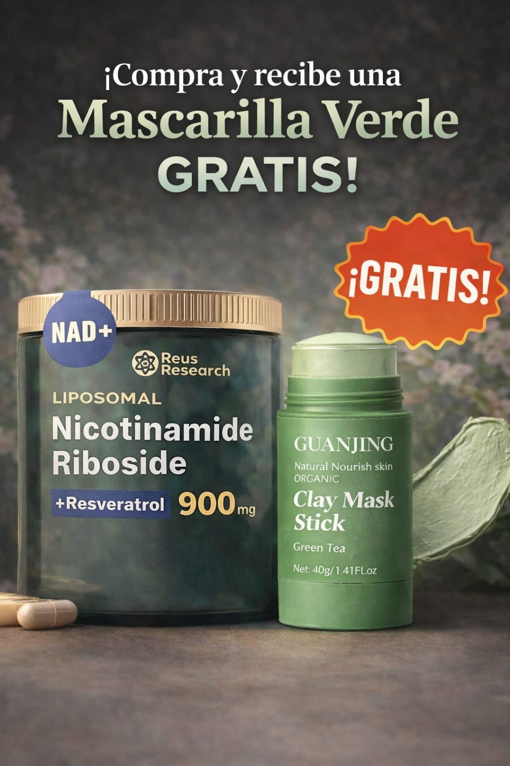 NAD+Nicotinamide Riboside+ Resveratrol Incluye Mascarilla de Té verde